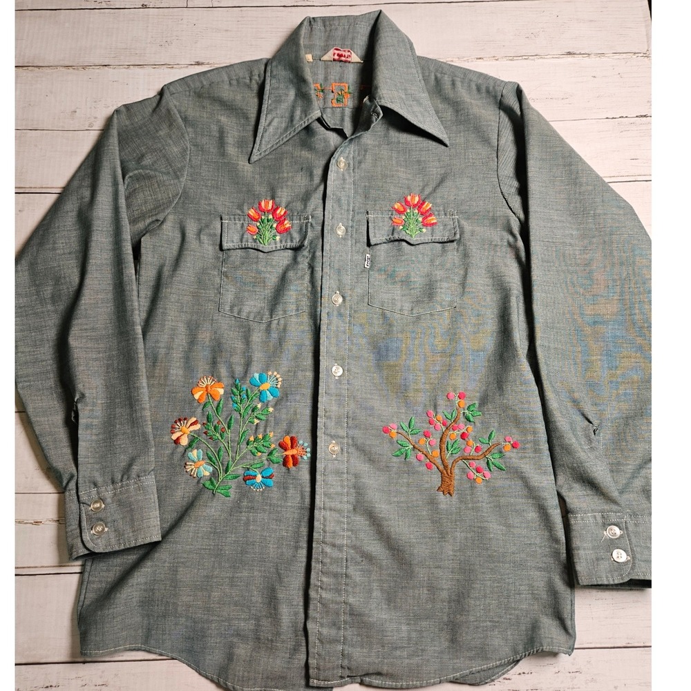 Vintage Levis Custom‎ Hand Embroidered Floral Shirt Grey Chambray Button Up Sz M